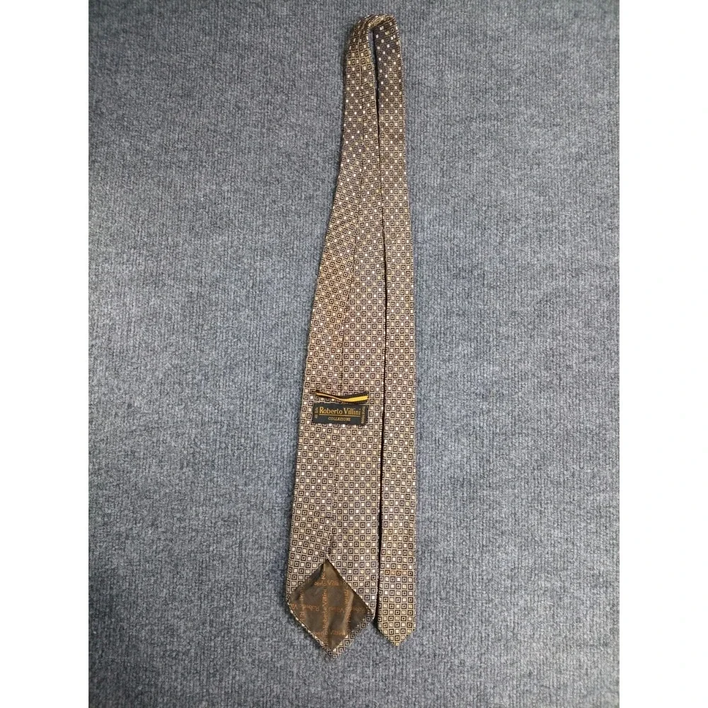 Roberto Villini Handmade Silk Tie Blue Gold Geometric Squares All Silk Necktie